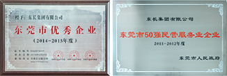 東長(zhǎng)集團(tuán)有限公司和集團(tuán)董事長(zhǎng)吳育能分別榮獲了2014-2015年度東莞市優(yōu)秀企業(yè)、優(yōu)秀企業(yè)家 東長(zhǎng)集團(tuán)榮獲：“東莞市50強(qiáng)民營(yíng)服務(wù)業(yè)企業(yè)”